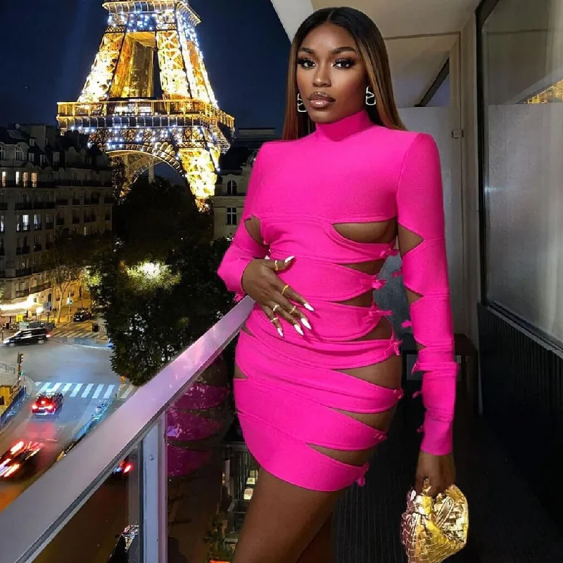 Exclusive Savings Bold Bow Detail Side Cutout High Neck Long Sleeve Mini Bandage Dress - Fuchsia Exclusive Savings Bold Bow Detail Side Cutout High Neck Long Sleeve Mini Bandage Dress - Fuchsia