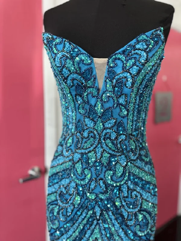 Extra Savings Jovani 38707 Size 0 Turquoise Beaded Strapless Peak Point Prom Dress Maxi Slit Pageant Gown Sequin Gown