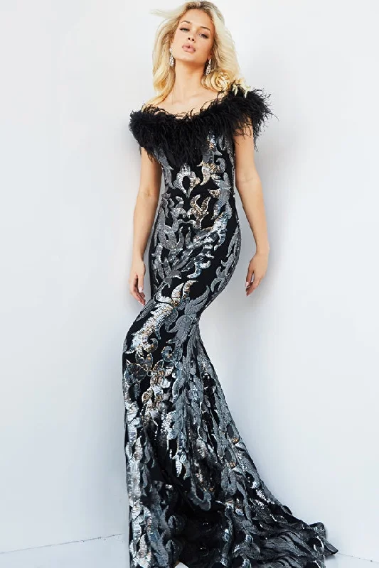Epic Deals Jovani 22346 Off the Shoulder Feathered Neckline Sequin Embellished Floor Length Slight Flare Bottom Prom Dress