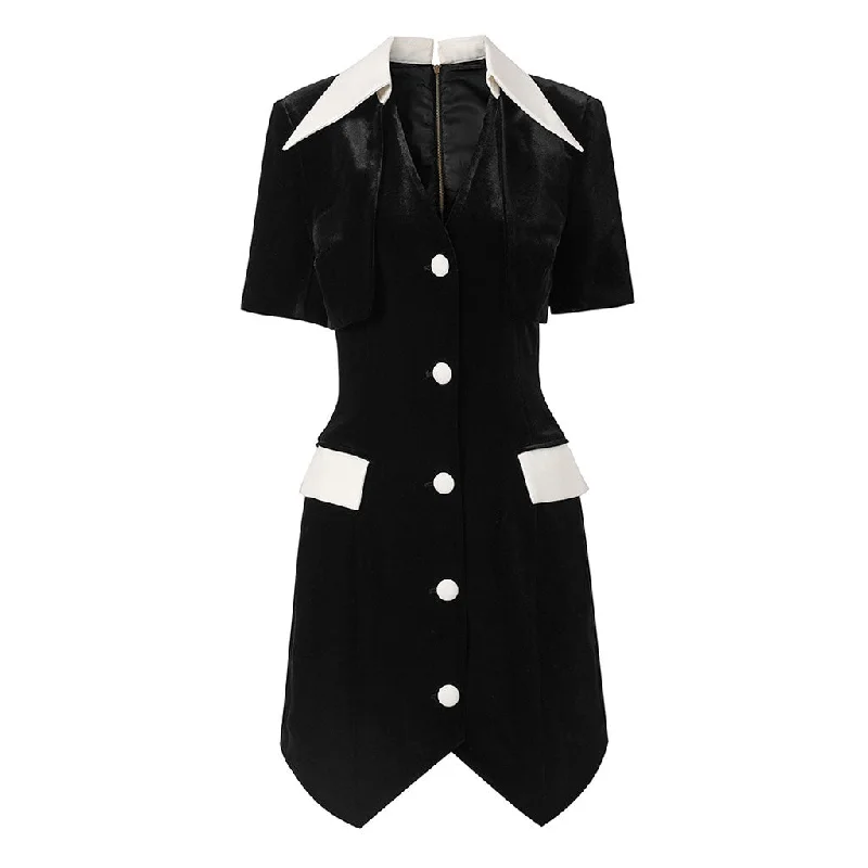 Limited Availability OL Pointed Collar Strong Shoulder Button Down Tuxedo Hem Mini Party Dress