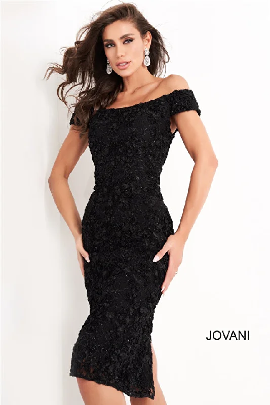 Sneak Peek Sale Jovani 04763 Off The Shoulder Knee Length Lace Fitted Short Formal Dress
