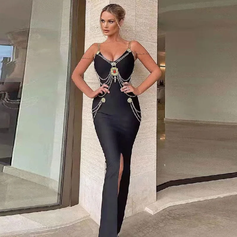Exclusive Preview Vintage Gold Chain Strappy Deep V Evening Maxi Dress - Black