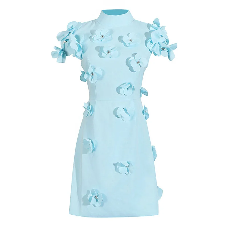 Bargain Bin Feminine Mock Neck Cap Sleeve Bodycon Rhinestone Rosette Mini Dress
