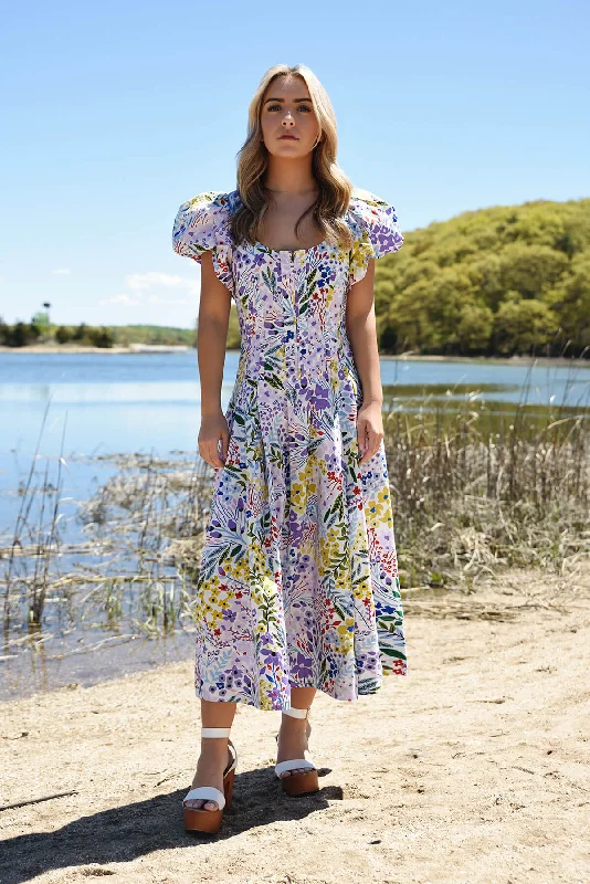 Blowout Sale Purple Garden Scoop Neck Cotton Midi Dress