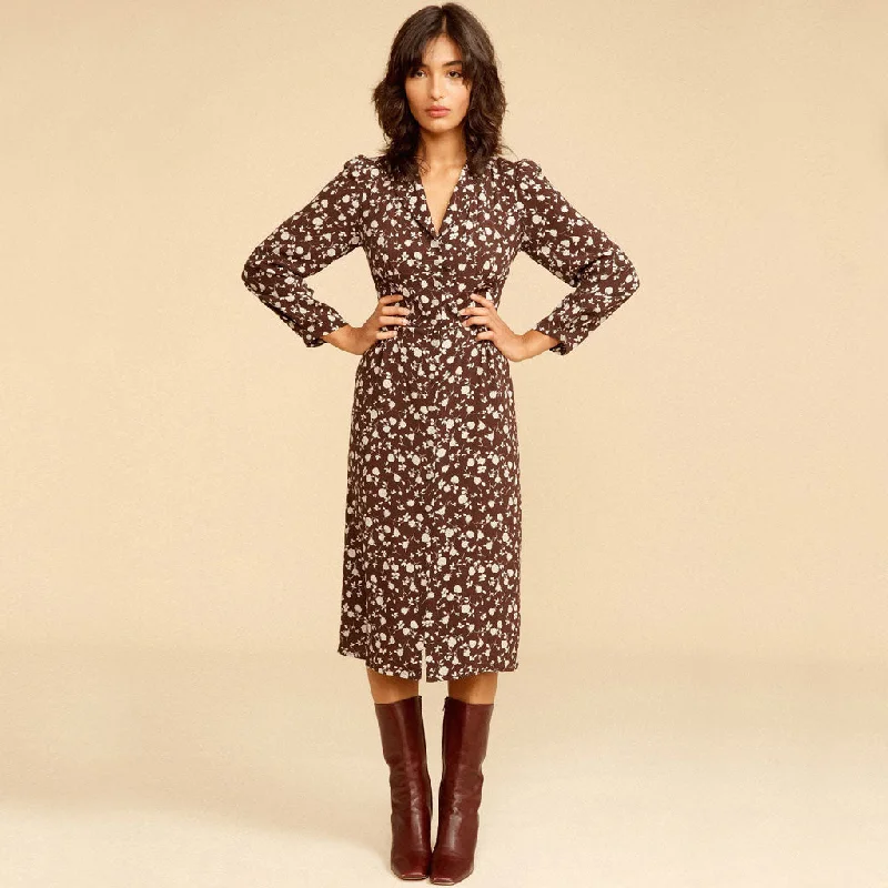 Don't Miss Vintage Long Sleeve Button Front V Neck Midi Floral Dress - Coffee