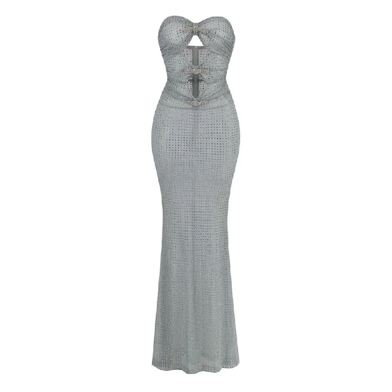 Closeout Sparkly Crystal Bow Cutout Ruched Strapless Sheer Mesh Fishtail Maxi Dress