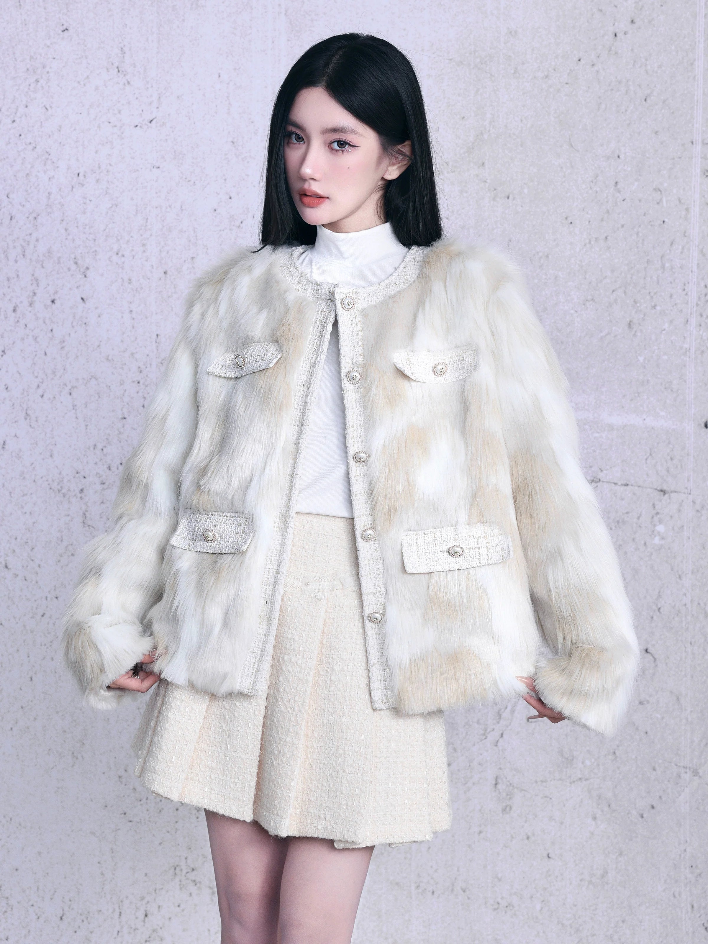 Luxe Faux Fur Collarless Jacket with Multi-Pocket Detail - Winter White