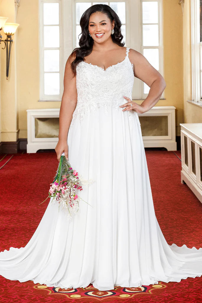 Price Drop Michelle Bridal For Sydney's Closet MB2303 A-Line Modified Empire Waistline Chiffon Floral Lace With Sequins V-Neck Backless Plus Size "Radhika" Bridal Dress
