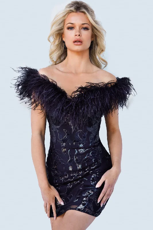 Jovani 22347 off the shoulder Feather Cocktail Dress