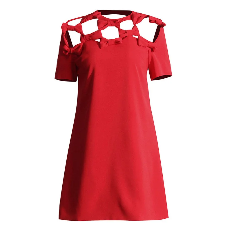 Value Deals Sophisticated Bow Cut Out Short Sleeve Crew Neck Crepe Mini Shift Dress