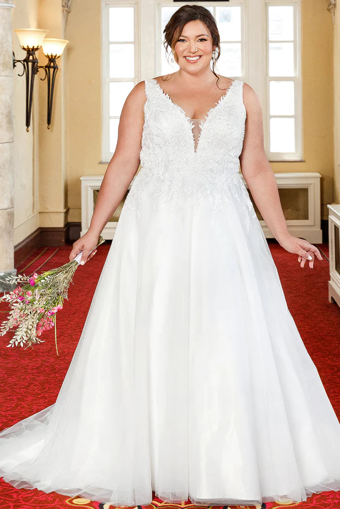 Early Bird Discount Michelle Bridal For Sydney's Closet MB2305 A-Line Floral Appliques Clear Sequins Bugle Beads Seed Pearls V-Neck Sleeveless Plus Size "Demi" Bridal Gown