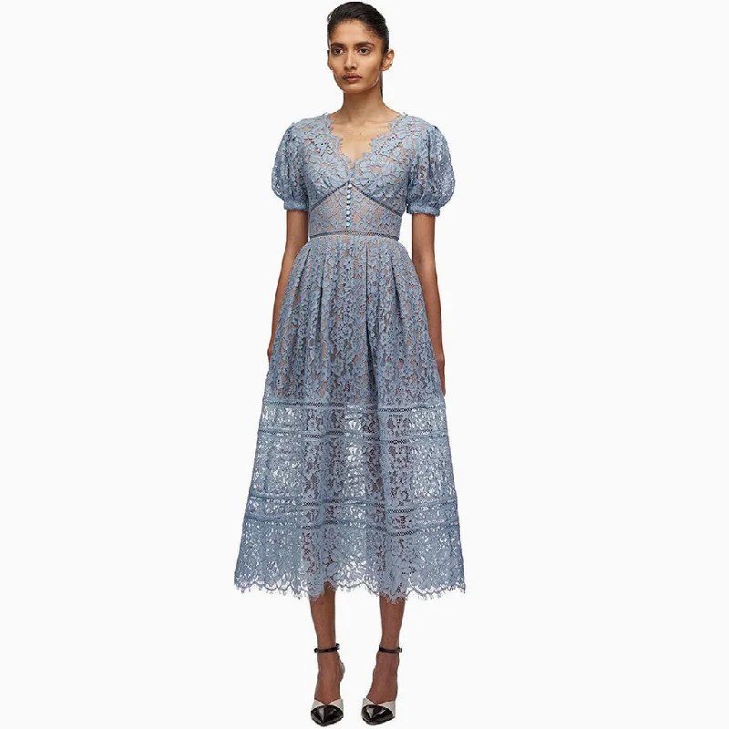 Deal Mania Elegant Puff Sleeve V Neck Embroidered Lace Midi Dress - Dusty Blue