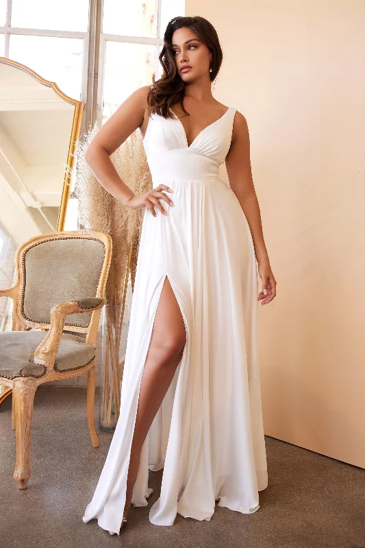 Low Prices Ladivine 7469W and 7469WW White Wedding Dress Long Simple Slit Satin V Neck A Line Evening Gown