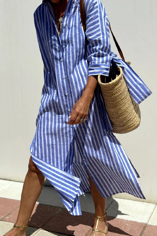 Online Exclusive Tied Button Up Three-Quarter Sleeve Dress