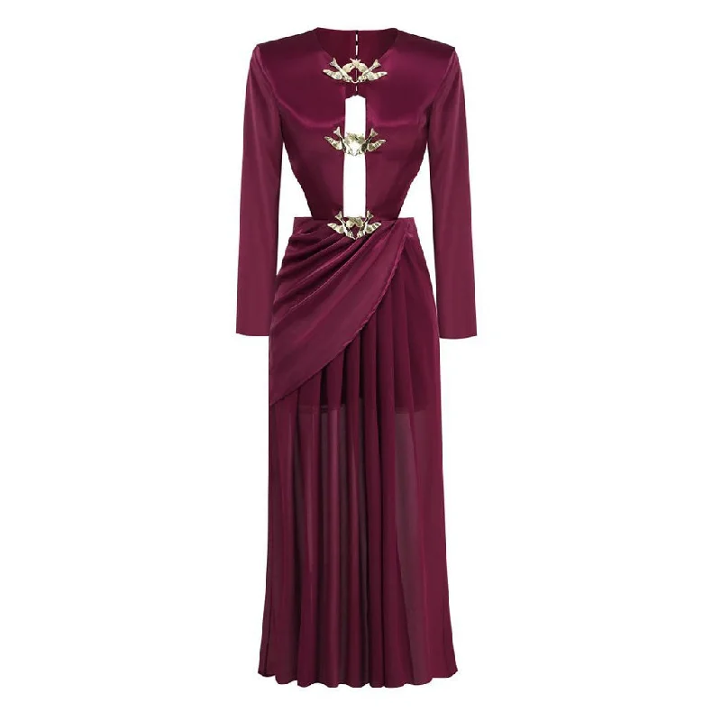 Quick Sale Metal Bird Detail Plunge Neck Long Sleeve Cutout Back Draped Split Maxi Evening Dress