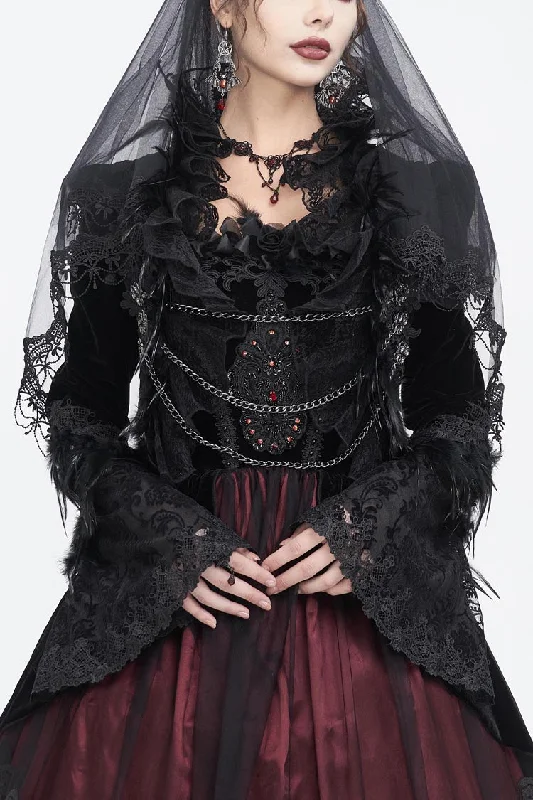 Reduced Prices Black Stand Collar Trumpet Sleeves Embroidery Stitching Lace Women's Gothic Jacket