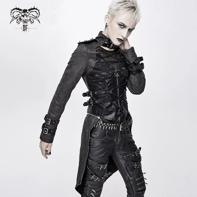 Clearance Sale CT131 five-pointed star spiked zipper up punk mesh women coat with loops
