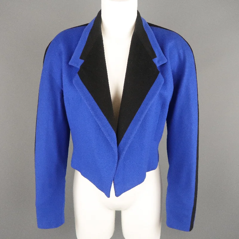 GIANNI VERSACE Size 8 Blue & Black Wool Cropped Blazer Jacket