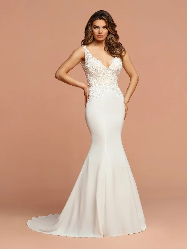 Davinci Bridal 50592 Crepe Mermaid Sheer Lace Wedding Dress Open Back V Neck Gown