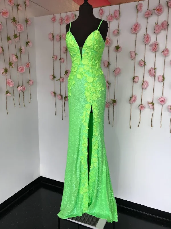 Jovani 1012 Size 4 Lime Sequin Fitted Formal Prom Dress Slit Pageant Backless Floral Bodice