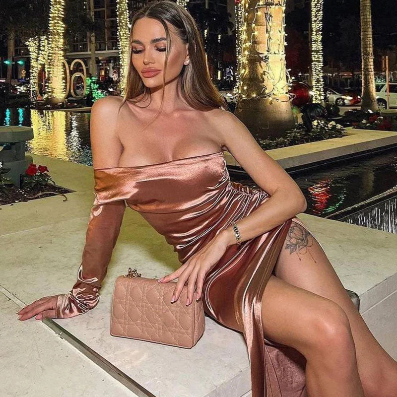 Price Cut Asymmetric One Shoulder Ruched Side Split Maxi Evening Dress