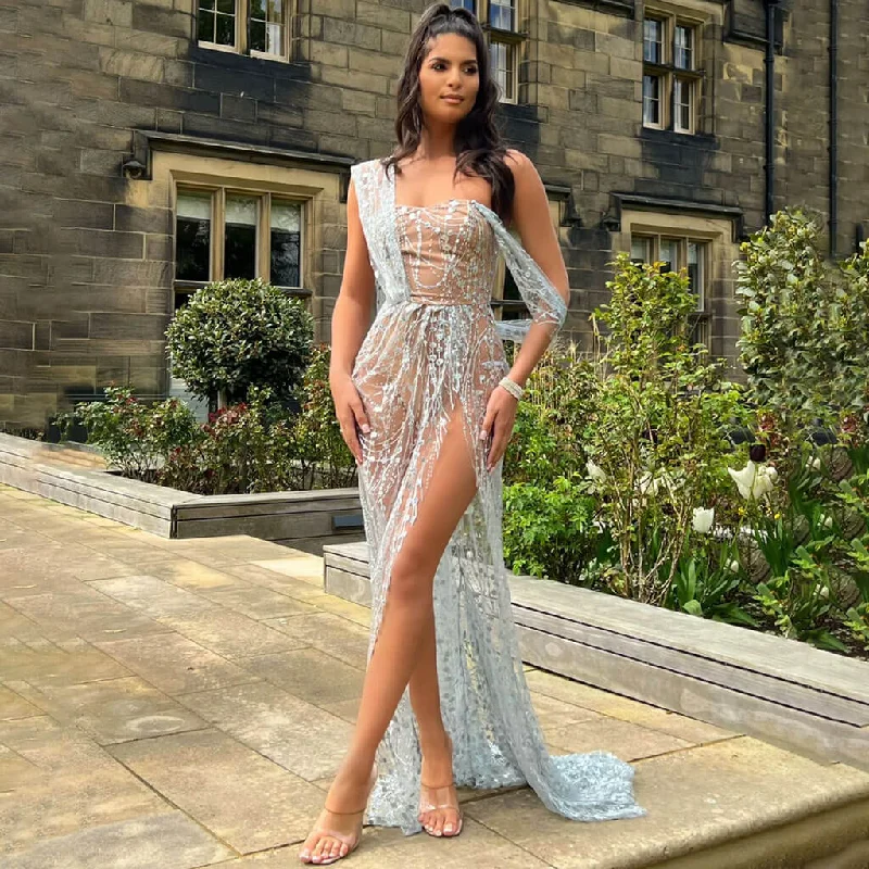 Price Reduction Asymmetrical Draped Sleeve Floral Sequin Mesh Split Train Maxi Evening Dress