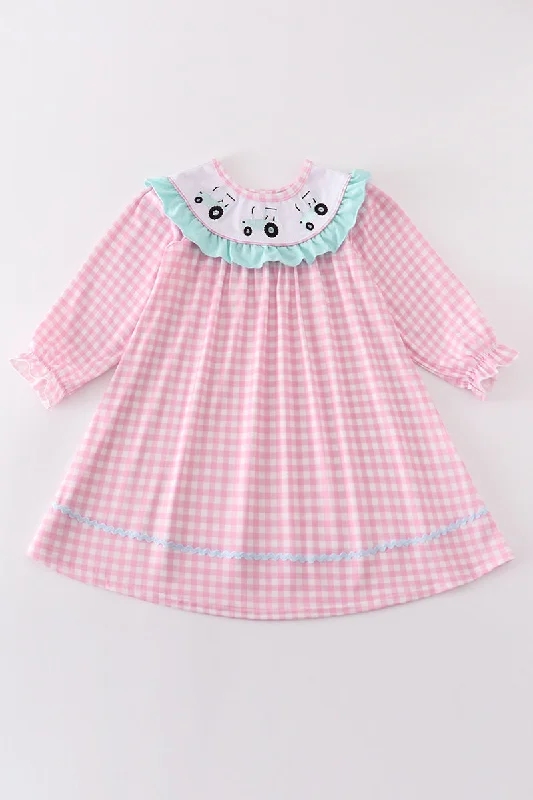 Year-End Sale Pink tractor embroidery gingham dress