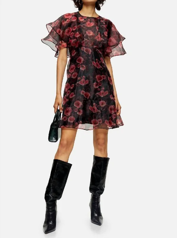 Organza Floral Ruffle Mini Dress In Black/red