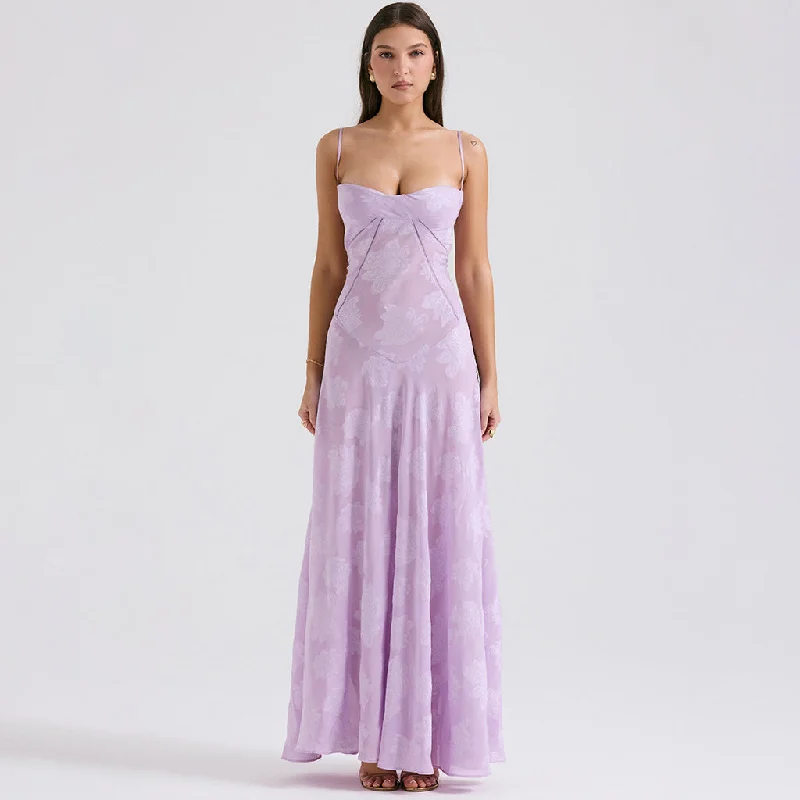 Don't Wait Sexy Sheer Jacquard Floral Lace Back Drop Waist Fishtail Maxi Slip Dress