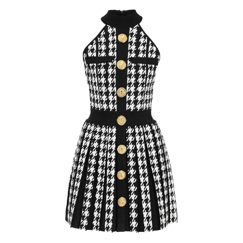 Shop and Save Contrast Buttoned Houndstooth Print Sleeveless Fit and Flare Mini Pleated Sweater Dress Shop and Save Contrast Buttoned Houndstooth Print Sleeveless Fit and Flare Mini Pleated Sweater Dress