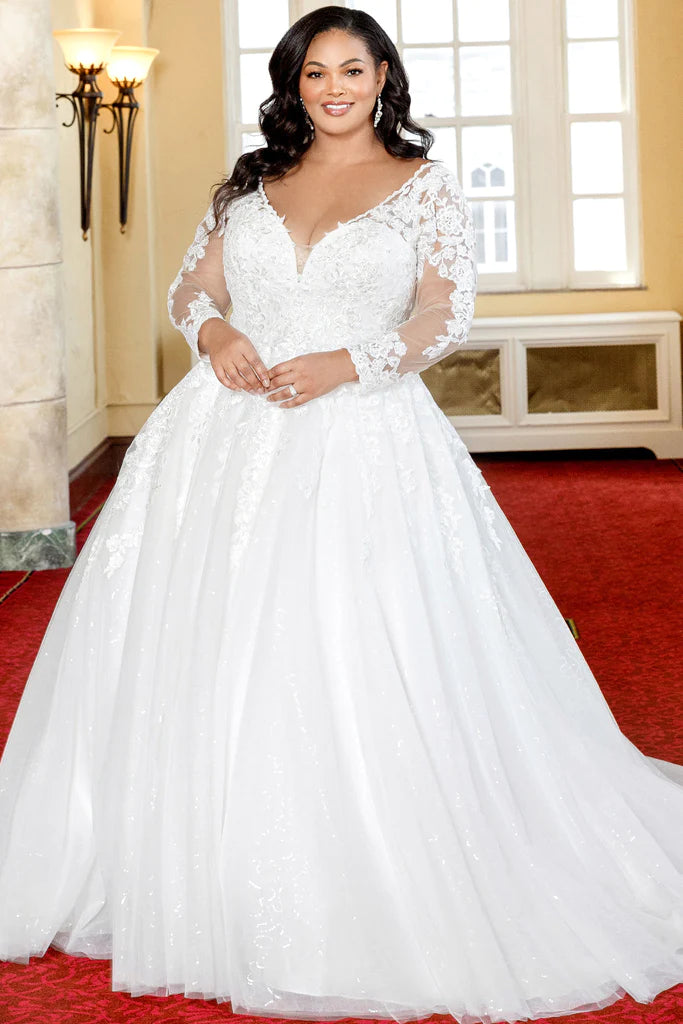 Take Advantage Michelle Bridal For Sydney's Closet MB2321 A-Line Floral Lace Applique Bugle Beads Clear Sequins Seed Pearls Glitter Tulle Soft Bridal Tulle Lightweight Satin Lining Beaded Scalloped Neckline Plus Size "Valentina" Bridal Gown