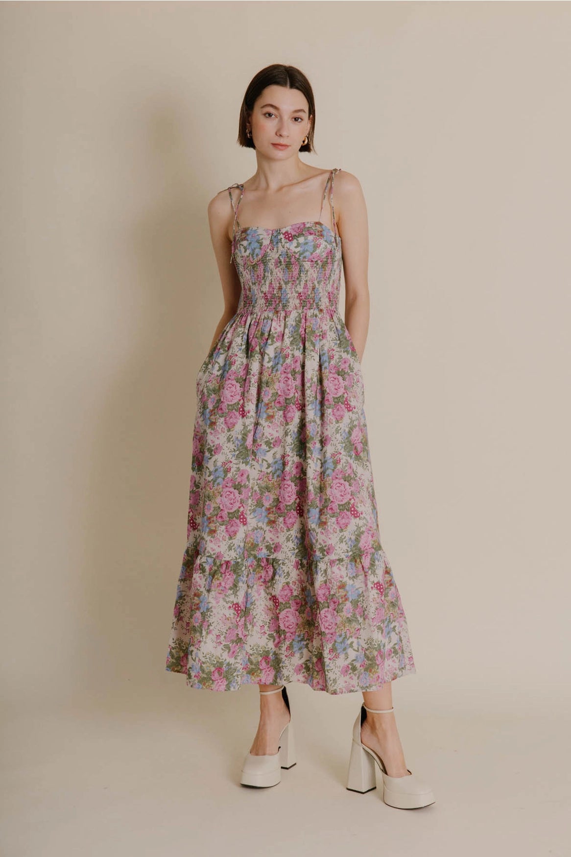 Sneak Peek Sale Smocked Bustier Dress in Floral Oyster