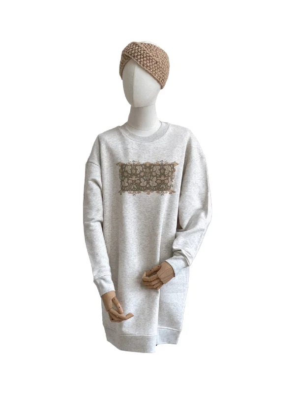 Online Only Daljši pulover/ forest green botanical owls - creamy grey