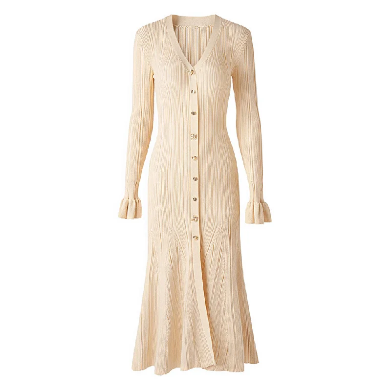 Don't Miss Glitter Lurex V Neck Button Up Long Sleeve Ribbed Knit Fishtail Sweater Midi Dress