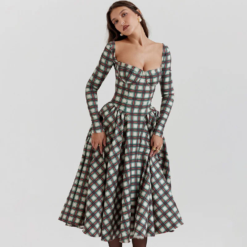 Blowout Deals Vintage Bustier Tartan Pattern Pleated Winter Long Sleeve Midi Dress