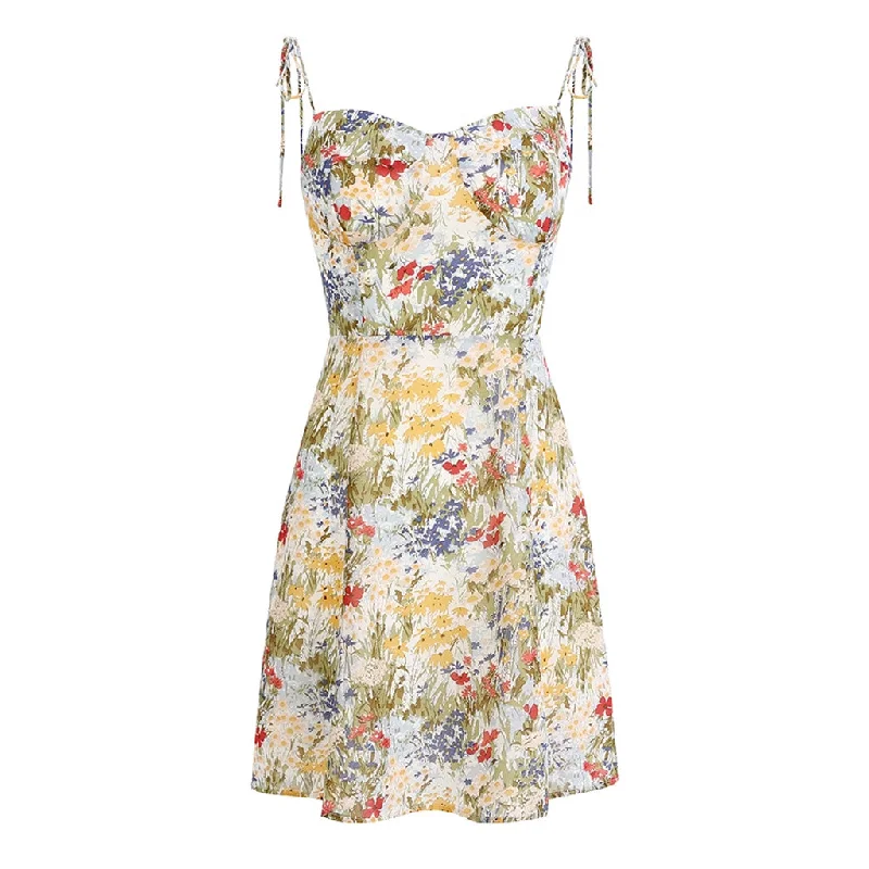 Reduced Prices Flowy Sweetheart Neck Tie Strap Sleeveless Chiffon Mini Floral Print Sundress