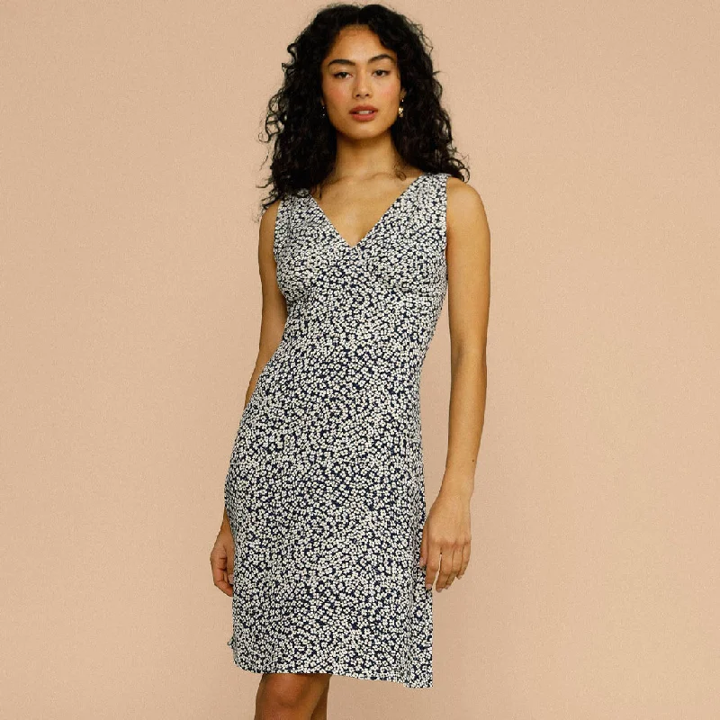 Special Discount Ditsy Floral V Neck Sleeveless French Midi Sundress - Navy Blue