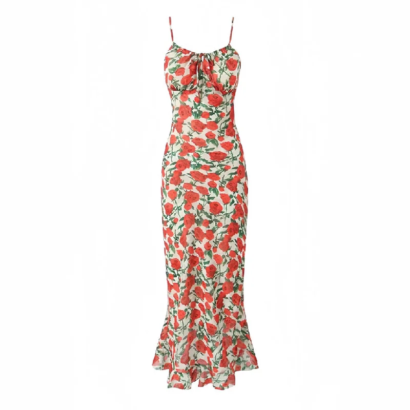 Hurry In Sexy Bow Tie Spaghetti Strap Ruffled Chiffon Mermaid Maxi Floral Sundress