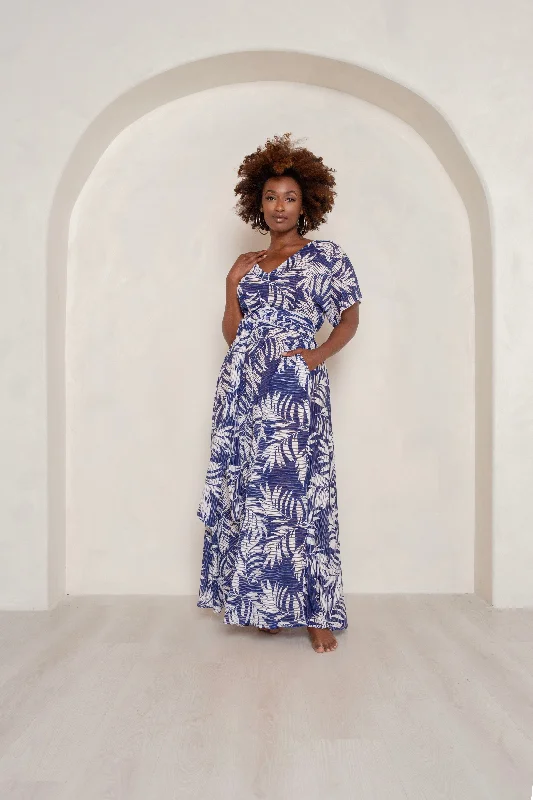 Stock Clearance Blue Palm Illusion Maxi Dress- JIBRI