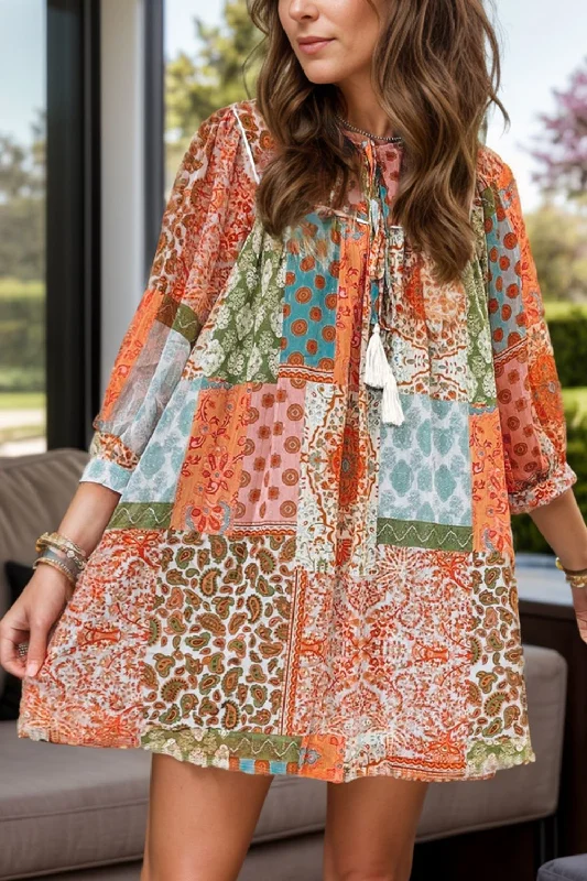 Super Savings Tassel Printed Three-Quarter Sleeve Mini Dress