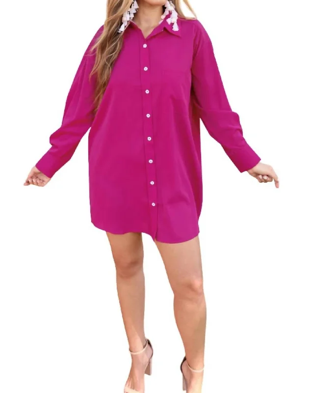 Tristan Button Up Shirt Dress In Magenta