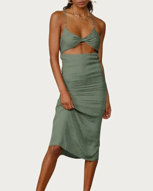 Sneak Peek Sale Leopard Satin-Jacquard Twisted Cutout Midi Dress In Sage | Sage