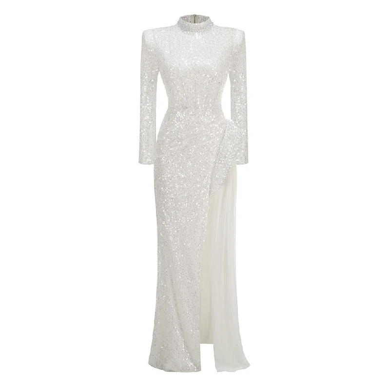 Unbeatable Prices Opulent Faux Pearl Strong Shoulder Cutout Draped Sash Split Sequin Maxi Dress