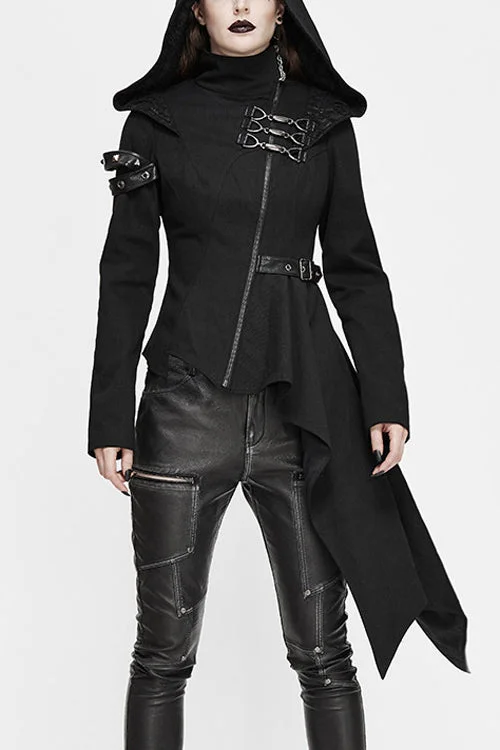 Take Advantage Black Hooded Asymmetrical Zipper Womens Punk Jacket