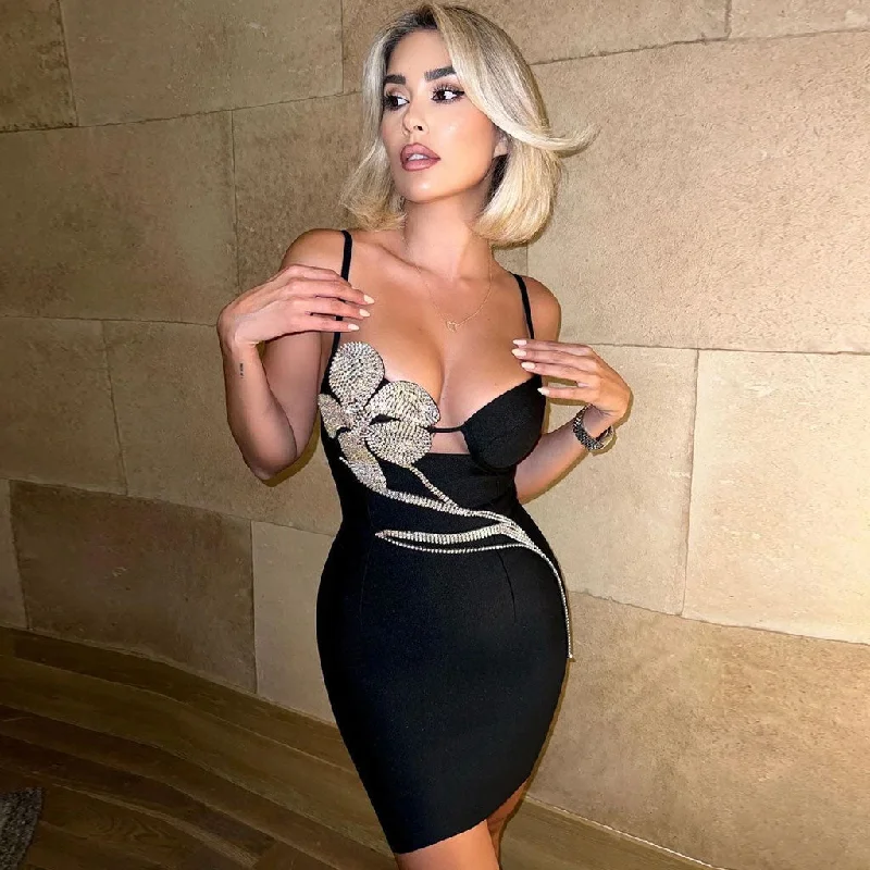 Get It Before It’s Gone Glitter Petal Crystal Embellished Bandage Club Mini Dress - Black Get It Before It’s Gone Glitter Petal Crystal Embellished Bandage Club Mini Dress - Black