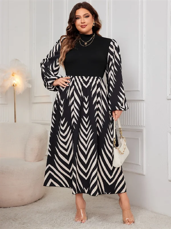 Price Cut Plus Size Printed Mock Neck Long Sleeve Midi Dress