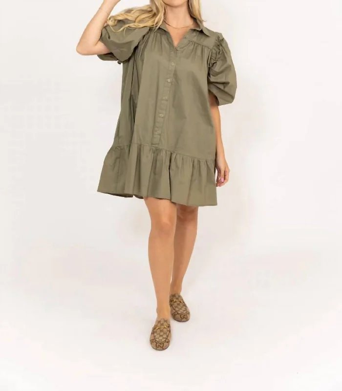 Puff Sleeve Ruffle Dress In Olive