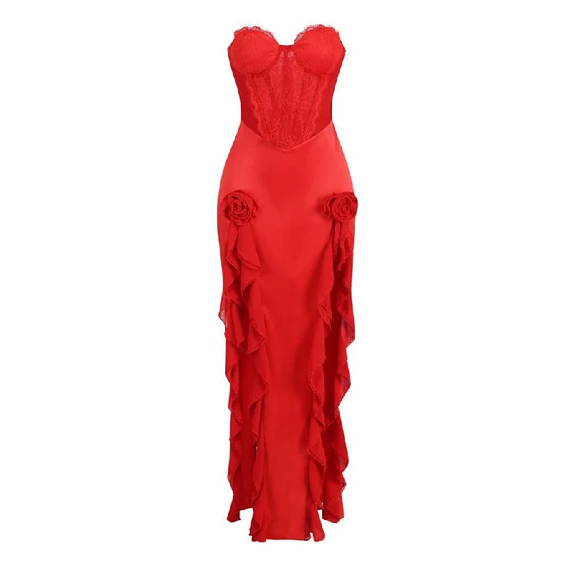 The Best Prices Sexy Lacy Sweetheart Neck Rosette Ruffle Split Corset Satin Maxi Evening Dress