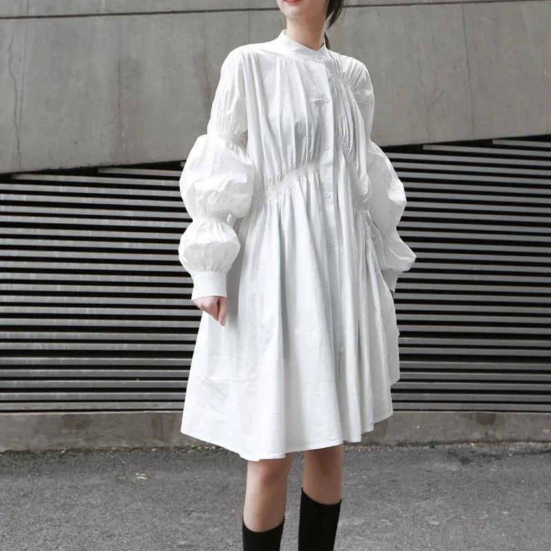 Super Sale Hotaru Long Sleeve Pleated Shirt Dress - White