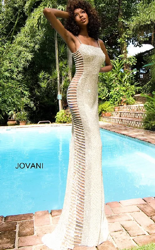 Jovani Couture S4261 Long Crystal Rhinestone Formal Dress Evening Gown Sheer Side